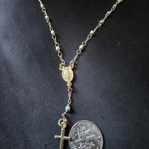 Gold-Tone Rosary-Style Bracelet with Cross and Medallion